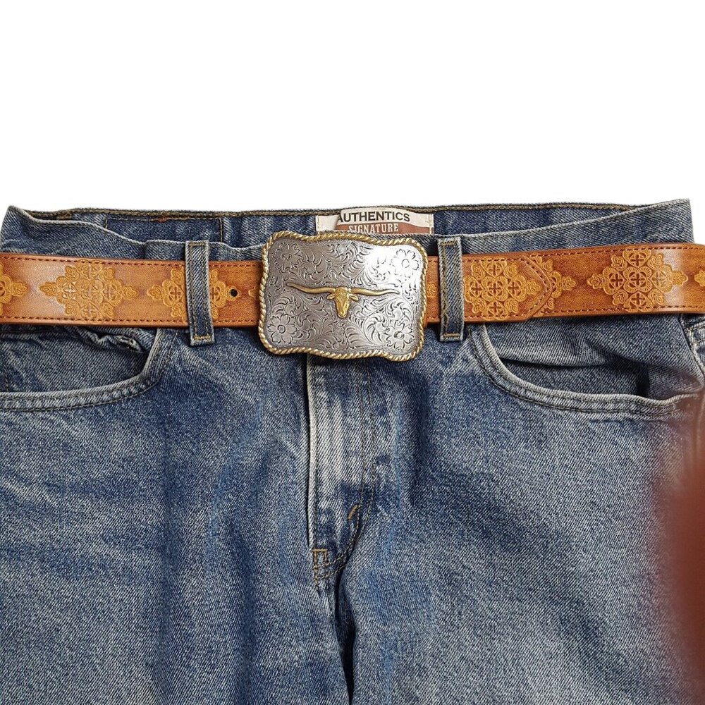 Western Long Horn Buckle with Hand Painted Embossed Belt - Picture 2 of 2